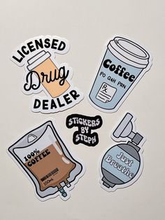 stickers on the side of a refrigerator with coffee, iced drink and donut