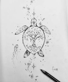 a drawing of a turtle with a tree on its back