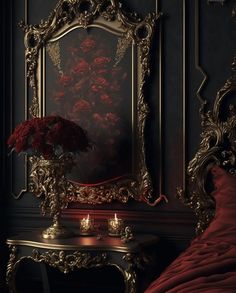 a table with flowers and candles on it in front of a mirror that is next to a bed