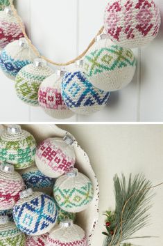 knitted ornaments are hanging on the wall