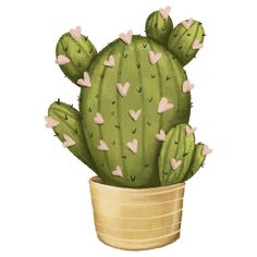 a green cactus with pink hearts on it's leaves and in a brown pot