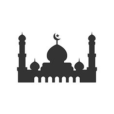 a black and white silhouette of a mosque with a crescent on the top, against a white background