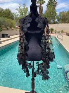 Designer Chic Mesh shawl, Unique Handmade couture, Made in USA Size: one size good for all -  S, M ,L ,XL , XXL (small, medium, large, extra large ) Luxury Chic Shawl Cape, Elegant Oversized Shawl Cape, Luxury Black Evening Shawl, Mesh Shawl, Luxury Black Shawl Cape, Black Shear Shawl, Dress Cape, Tulle Cape, Shoulder Wrap