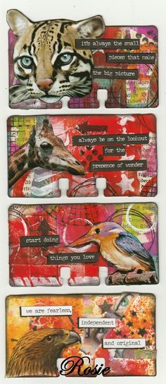 four tags with pictures of animals and birds on them, one has an animal's face