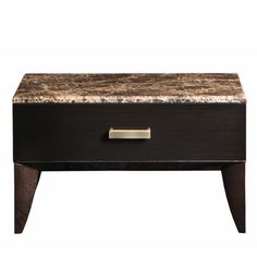 an end table with a marble top and metal drawer pulls on it's sides