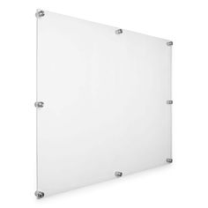 a white wall mounted glass panel with metal studs on the bottom and an aluminum frame around it