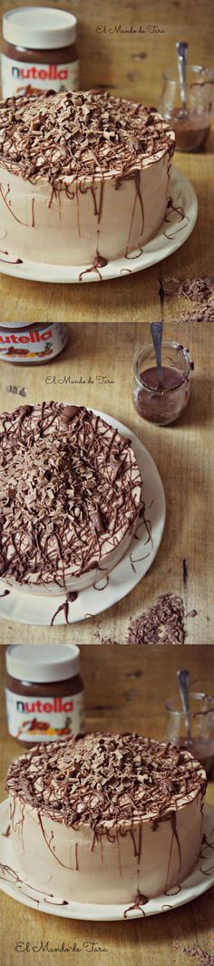 three different pictures of a cake with chocolate frosting on it