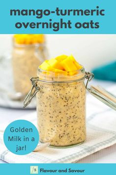 mango turment overnight oats with chia and kefir in a jar