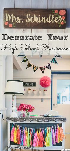 a school classroom decorated with tissue pom poms