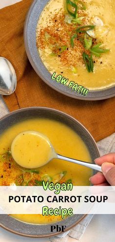 two bowls of orange colored soup with text "Vegan Potato Carrot Soup Recipe Low Fat!!!" Potato And Carrot Soup, Potato Carrot Soup, Easy Vegan Soup, Healthy Potato, Vegan Recepies, Carrot Soup Recipes, Healthy Potatoes, Comforting Soup