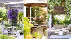 an outdoor dining area with wicker furniture and purple flowers on the arbor, and in front of a pergolia covered patio