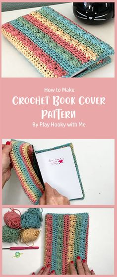 the crochet book cover pattern is shown with yarn on it and in different colors