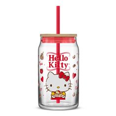 A JoyJolt x Sanrio Hello Kitty tumbler glass with a bamboo lid and straw featuring Hello Kitty holding a piece of pie. My Melody And Pompompurin, Kawaii Cups, Hello Kitty Bedroom, Anniversary Diy, Hello Kitty Cinnamoroll, Beer Cup, Kuromi My Melody, Double Wall Glass, Santa's Little Helper