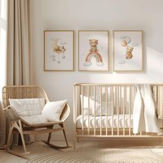 a baby's room with two pictures and a rocking chair