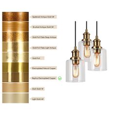 three glass pendant lights with gold trim and metal accents on each light fixture, along with instructions for how to choose the right one