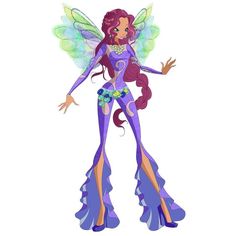 a purple fairy with long hair and wings standing in front of a white background,