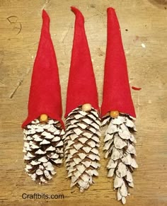 three pine cones with red caps on them sitting next to each other in front of a wooden table