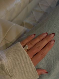 Cherry red, Nail inspo, fall nails, winter nails, 2023 nail inspo, december nail, christmas nails, gel nails, set, engagement rings inspo, ring stack inspo, wedding band inspo Fall Red French Tip Nails, Nails Inso Winter, Simple Gel Nails Winter, Natural Nail Inspo Almond, Nail Inspo December 2024, Nail Art On Ring Finger, Fall Nails Cherry Red, Short Almond Nails Ideas Winter, Winter Nails Short Round