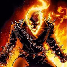 an image of a demonic demon with spikes on his head and arms, in front of flames