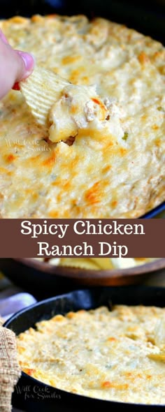 a hand holding a cracker over a baked dip in a skillet with the words spicy chicken ranch dip on it