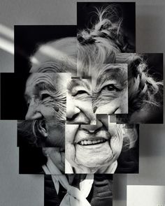 an old woman's face is shown in black and white with squares around it