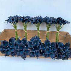 blue flowers are arranged in a cardboard box