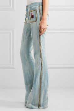 Jeans Gucci, Gucci Jeans, Mid Rise Flare Jeans, Light Flare, Studded Jeans, Denim Crafts, Light Wash Jeans, Flared Jeans, 70s Fashion