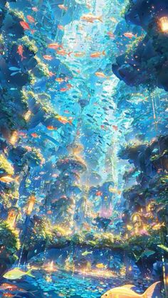 an underwater scene with fish swimming in the water and trees on either side of it