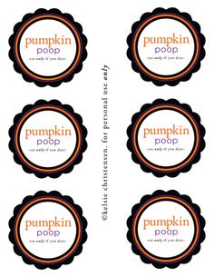 four stickers with the words pumpkin poop in orange and black on white background