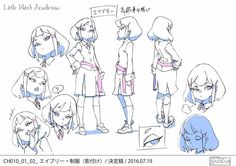 an anime character sheet with various poses and expressions