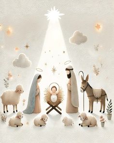 a nativity scene with sheeps, lambs and an angel in the sky