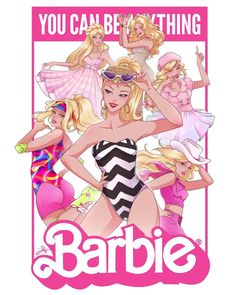 the poster for barbie is shown in pink, white and black stripes with an image of women wearing bathing suits