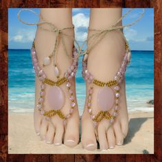 These handmade barefoot sandals are made from knotted natural hemp with pink and gold acrylic beads. The large center beads are made of faceted pink glass. The toe strap and ankle ties are braided for extra durability. These sandals have 14-inch long ties that wrap around the ankle and can be adjusted to fit all adult sizes. These woven barefoot sandals are one-of-a kind and the photos are of the exact item for sale.  They are designed to be adjustable to fit most adults with long ties that may Poolside Fashion, Pink Glass, Acrylic Beads, Gold Beads, Women's Shoes Sandals, Pink And Gold, Shoes Sandals, Bathing Beauties, Electronic Accessories