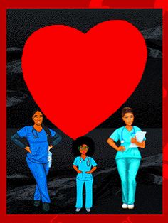 a group of nurses standing in front of a red heart