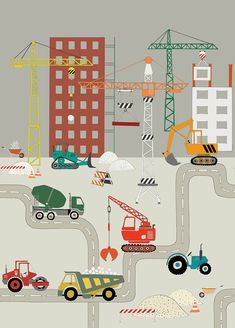 an illustration of construction vehicles and cranes on a city street with buildings in the background