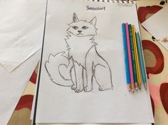 a drawing of a cat sitting on top of paper next to pencils and markers