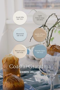 the color scheme for coastal grandma is shown in shades of blue, green and white