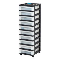 a black and white storage unit with six drawers on top of each drawer in front of a white background