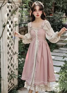 Pink Peasant Dress, Princess Neckline Dress, Princess Core Fashion, Pink Vintage Clothes, Pink Dnd Outfit, Pink Fairycore Dress With Square Neck, Pink Fairycore Dress For Spring, Spring Fairycore Pink Dress, Pink Long Sleeve Vintage Dress For Summer