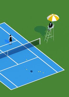 two people are playing tennis on a blue court and an umbrella is in the background