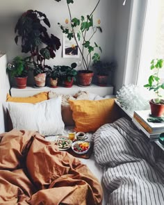 an unmade bed with plants and food on it