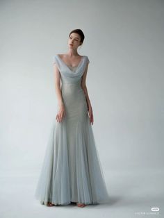 Tulle Dress Grey, Boat Neck Evening Gown, Dresses That Make You Look Taller, Grey Evening Gown, Vintage Gala Dress, Ethereal Dress Blue, Elegant Gown Aesthetic, White Tie Dress Code Gowns, Anyone But You Dress