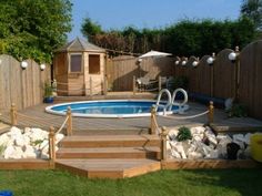 a small backyard with a pool and deck