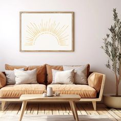 a living room with a couch, coffee table and potted plant