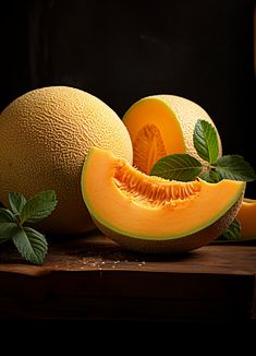 a melon cut in half on a table with leaves and other fruits around it