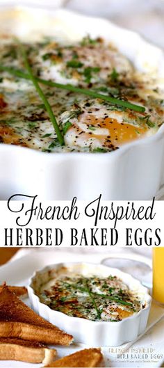 french inspired herbed baked eggs in a white casserole dish with bread sticks