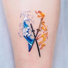 a tattoo with two swords on the side of a woman's leg, and an ocean wave behind it