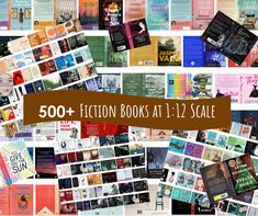 a collage of books with the words 500 + fiction books at 1 / 2 scale