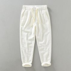 Comfortable Tapered Leg Summer Pants, Summer Leisure Harem Pants Relaxed Fit, Summer Leisure Harem Pants With Relaxed Fit, Summer Harem Pants For Leisure With Relaxed Fit, Summer Harem Pants With Relaxed Fit For Leisure, Spring Linen Leisure Bottoms, Comfortable Tapered Leg Summer Bottoms, White Summer Leisure Pants, Comfortable Summer Leisure Pants