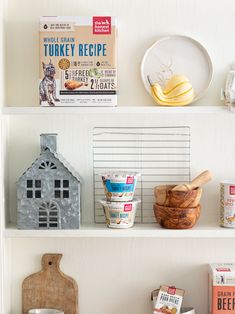 the shelves are filled with various foods and items to eat in their homes, including eggs, yogurt, cereals, and muffins